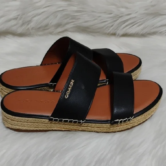 SALE! Coach Franca Black Leather Espadrilles Women's Sandals (#01) - Picture 5 of 16
